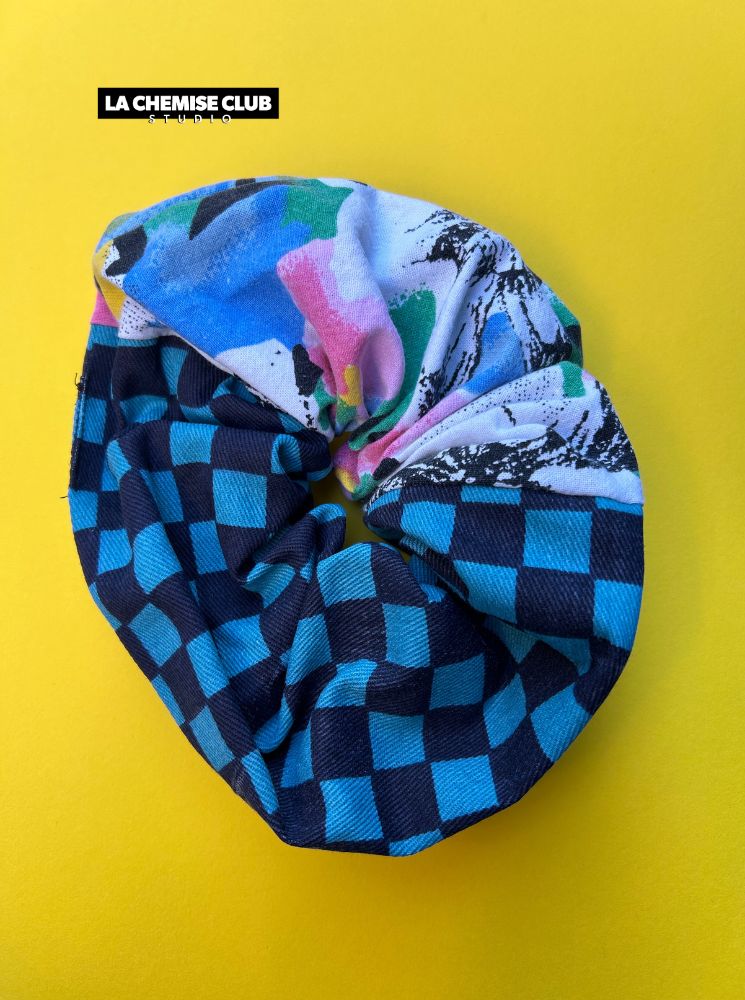 Chouchou damier bleu/fleurs