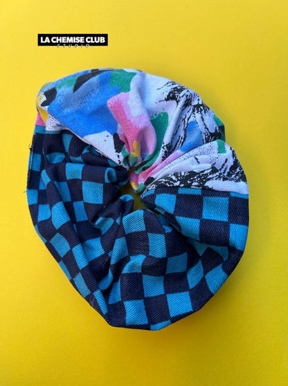 Chouchou damier bleu/fleurs