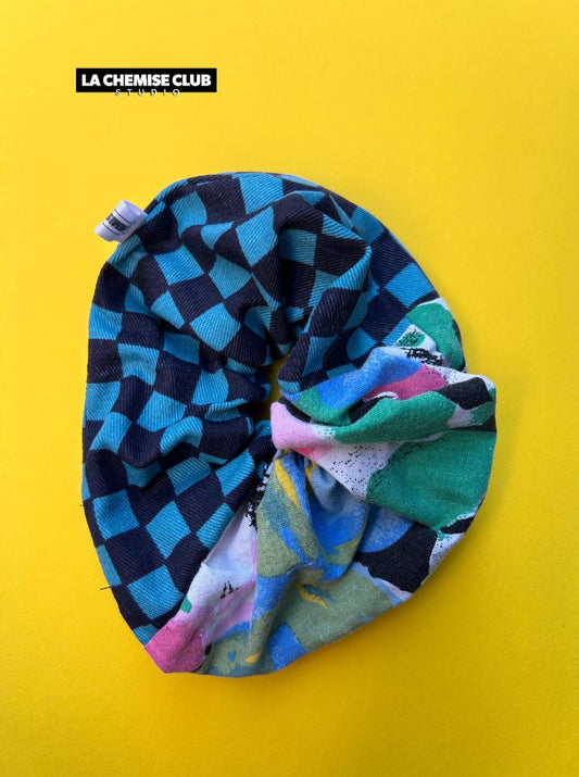 Chouchou damier bleu/fleurs